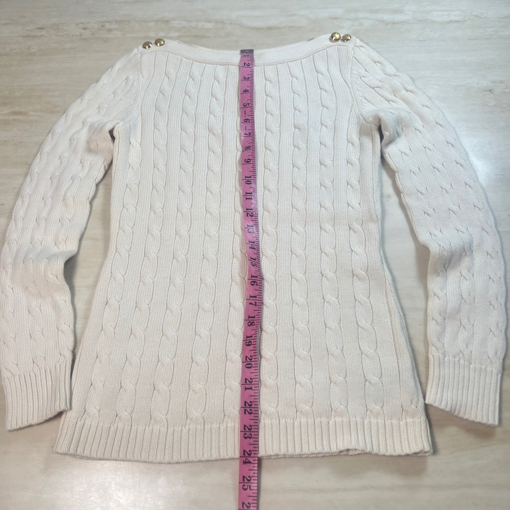 LAUREN Ralph Lauren Cream Cable Knit Boat Neck Sweater Gold Button Detail Size S - Picture 7 of 12